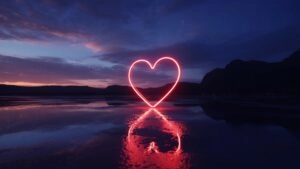 Neon Heart Reflection on Wet Ground at Night