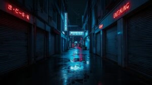 Neon Lights in Empty Wet Alley