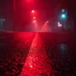 Neon Red Reflections on Asphalt