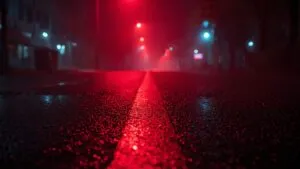 Neon Red Reflections on Asphalt