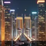 New Year Champagne Glasses With City Lights Behind