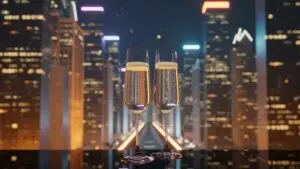 New Year Champagne Glasses With City Lights Behind