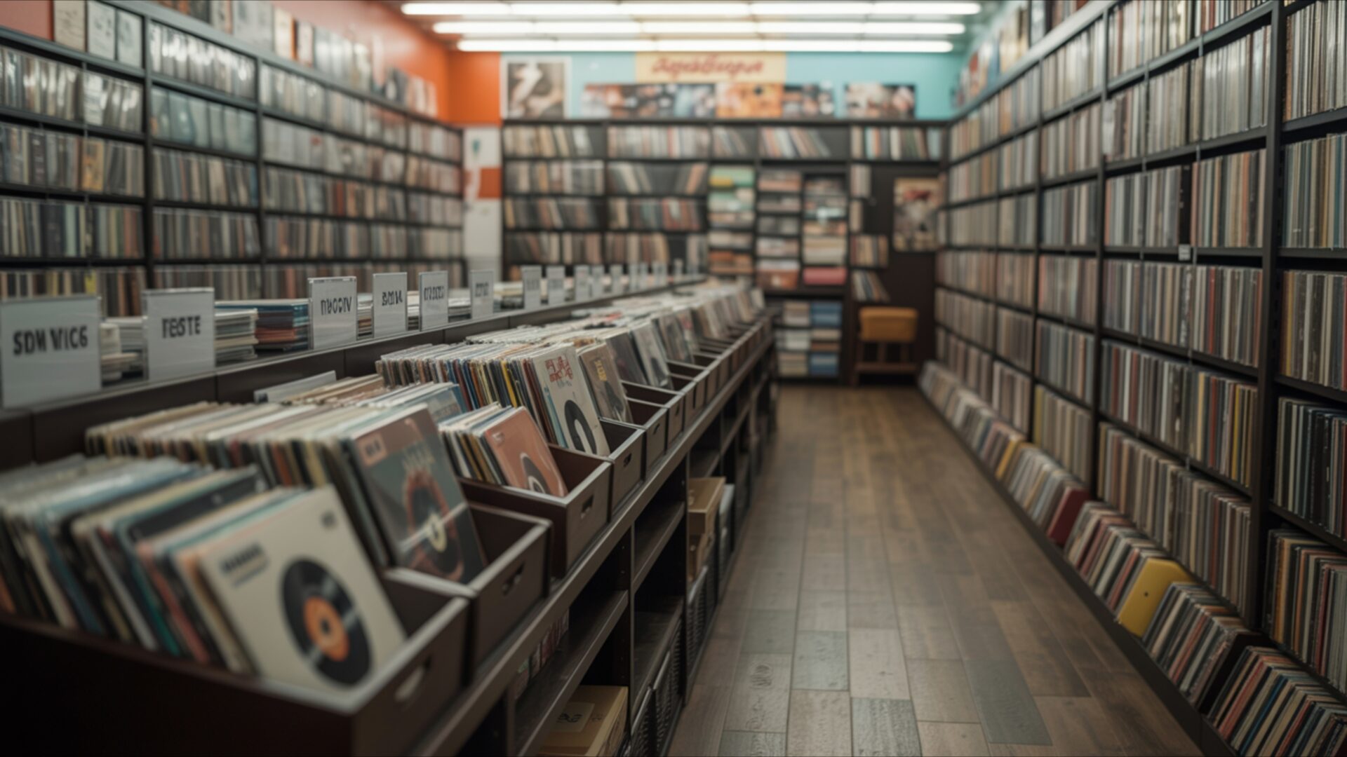 nostalgic record shop with vintage vinyl display wallpaper, retro, classic music aisle, nostalgic vibe, old store atmosphere, retro shop, vintage records, vinyl display, warm tones, desktop, mobile, background