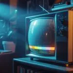 Old CRT TV Glowing in Dark Room