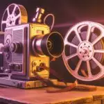 Old Movie Projector With Film Reel on Table