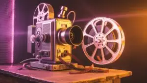 Old Movie Projector With Film Reel on Table
