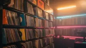 Old Record Store Aisle With Vinyl Shelves