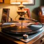 Old Vinyl Player Spinning Under Warm Lamp Light