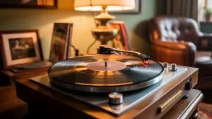 Old Vinyl Player Spinning Under Warm Lamp Light