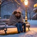 Park Bench Snow Falling Couple Huddled Cozy