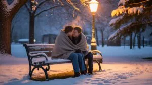 Park Bench Snow Falling Couple Huddled Cozy