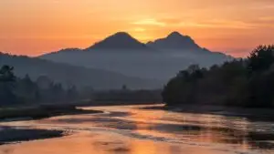 Peaceful Nature Wide River Orange Sunset
