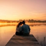 Peaceful Warm Sunrise Glow Lakeside Couple Romance
