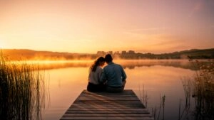 Peaceful Warm Sunrise Glow Lakeside Couple Romance