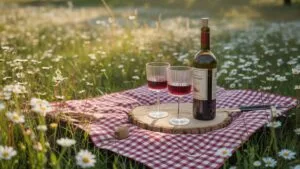 Picnic Blanket Red Wine Field Daisies Outdoor