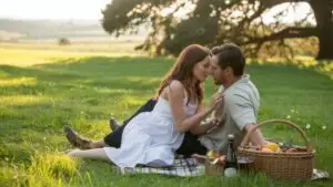 Picnic Moment With Couple in Green Field
