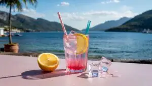 Pink Lemonade with Ice Cubes on Clean Table