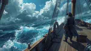 Pirate Captain Ship Deck Stormy Ocean View