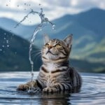 Playful Feline Splashing Water Dynamic Shot