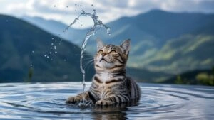 Playful Feline Splashing Water Dynamic Shot