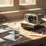 Polaroid Camera With Printed Photos Spread Around