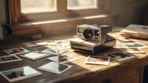 Polaroid Camera With Printed Photos Spread Around