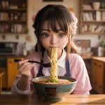 Pretty Anime Girl Savouring Ramen Warm Light