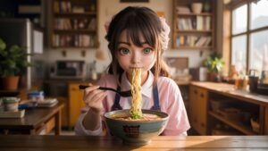 Pretty Anime Girl Savouring Ramen Warm Light