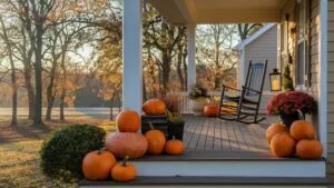 Pumpkins on Porch During Golden Hour