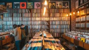 Record Store Interior Vinyl Shelves Warm Lighting