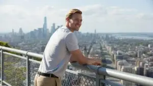 Relaxed Urban Style City Skyline View Man Leaning