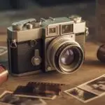 Retro Camera With Film Rolls on Wooden Surface