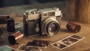 Retro Camera With Film Rolls on Wooden Surface