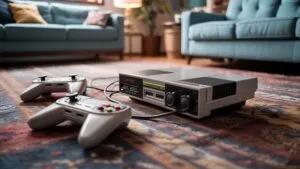 Retro Game Console on Carpet With Two Controllers