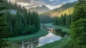 River Bend Through Dense Forest