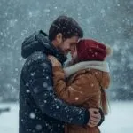 Romantic Hug Under Falling Snow
