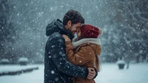 Romantic Hug Under Falling Snow
