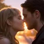 Romantic Kiss Under Warm Sunset Light