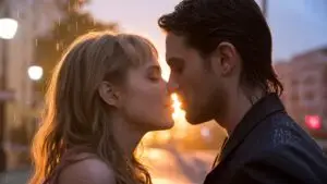 Romantic Kiss Under Warm Sunset Light