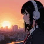 Schoolgirl With Headphones Urban Sunset View Contemplative