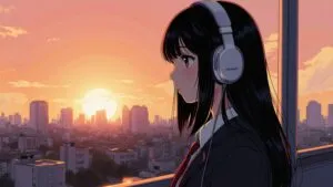 Schoolgirl With Headphones Urban Sunset View Contemplative