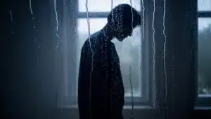 Shadowy Figure Behind Rainy Window