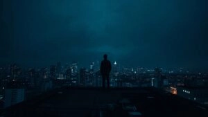 Silhouette Standing on Rooftop at Midnight