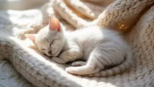 Sleeping Kitten on Cozy Blanket in Soft Sunlight