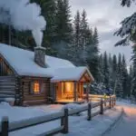 Snow-Covered Cabin With Smoke From Chimney
