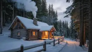 Snow-Covered Cabin With Smoke From Chimney