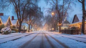 Snow Falling on Quiet Street With Warm House Lights