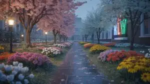 Soft Light and Droplets: Flower Garden in Spring Rain