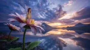Soft Light Fairy Girl Giant Flower Fantasy Garden