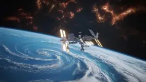 Space Station Over Blue Ocean Clouds